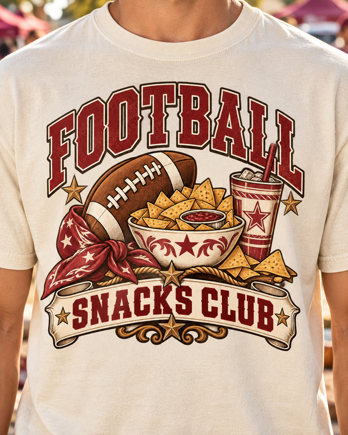 Football Snacks Club graphic print close-up on Comfort Colors shirt