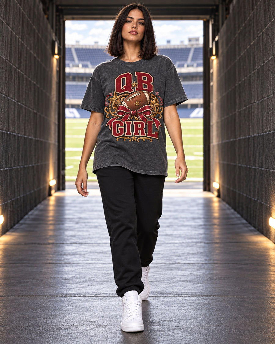 QB Girl Comfort Colors T-shirt full body football game day outfit mockup