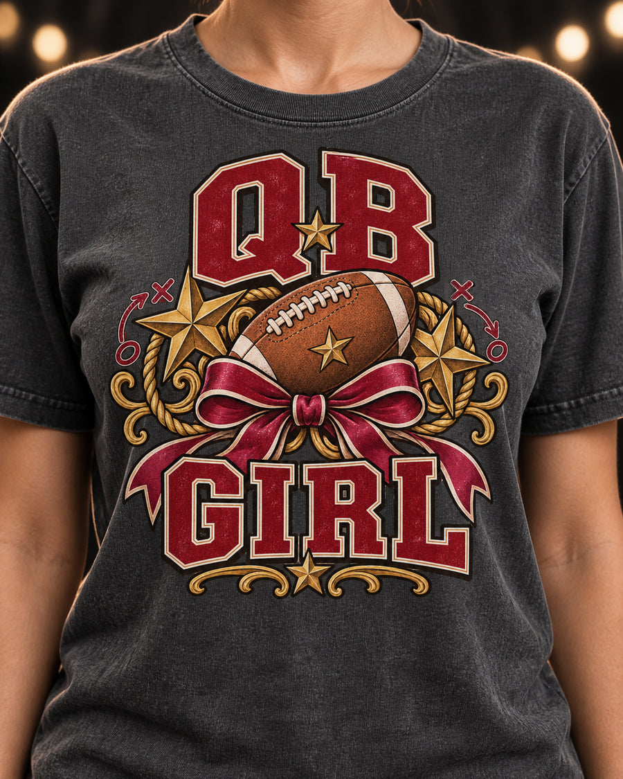 QB Girl graphic print close-up on Comfort Colors shirt