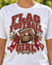 Flag Football Girl Belt graphic print close-up on Comfort Colors shirt