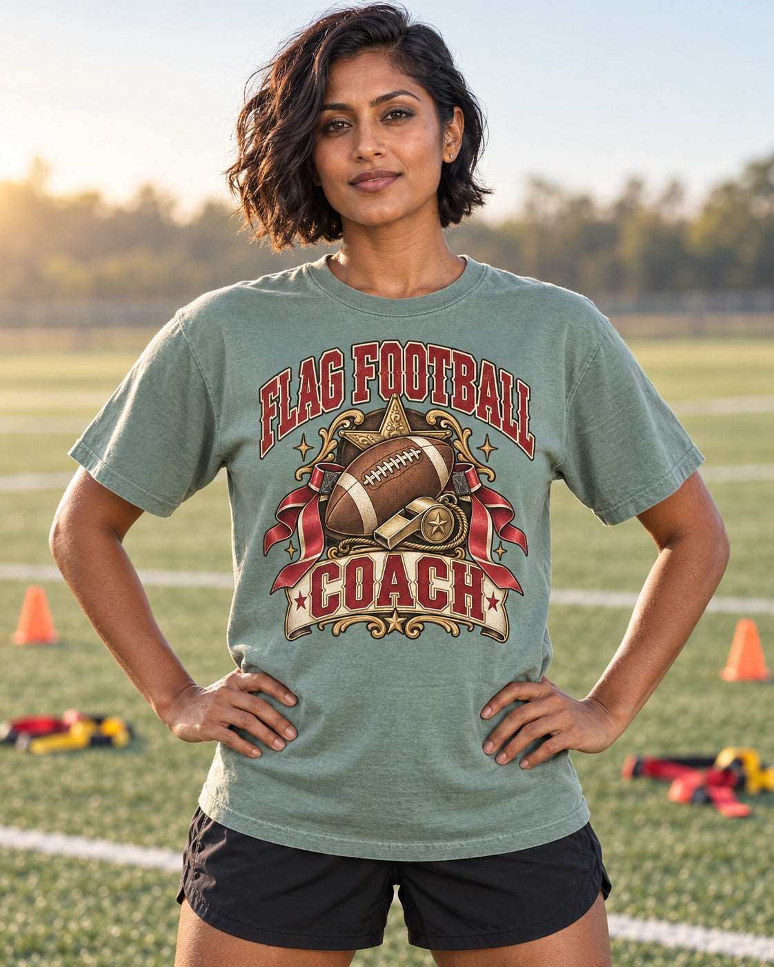 Flag Football Coach premium Comfort Colors flag football T-shirt hero mockup