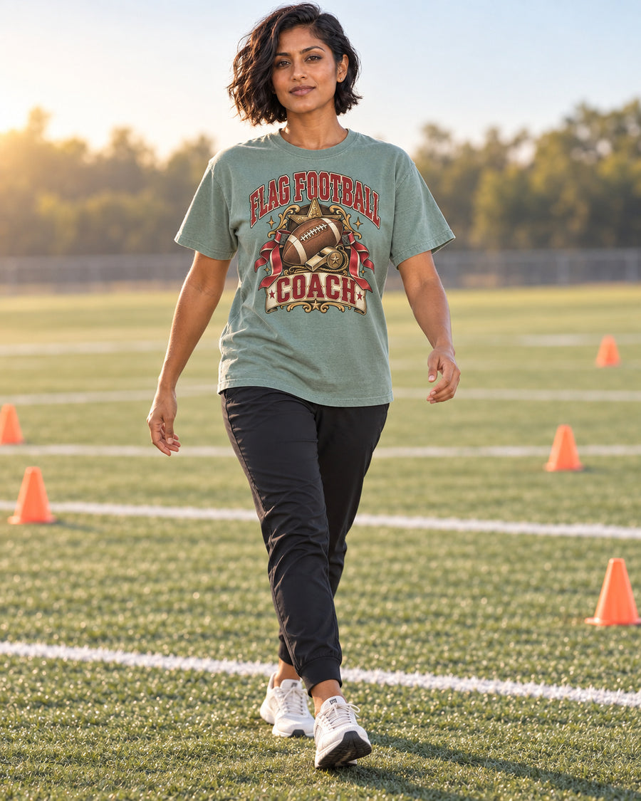 Flag Football Coach Comfort Colors T-shirt full body game day outfit mockup