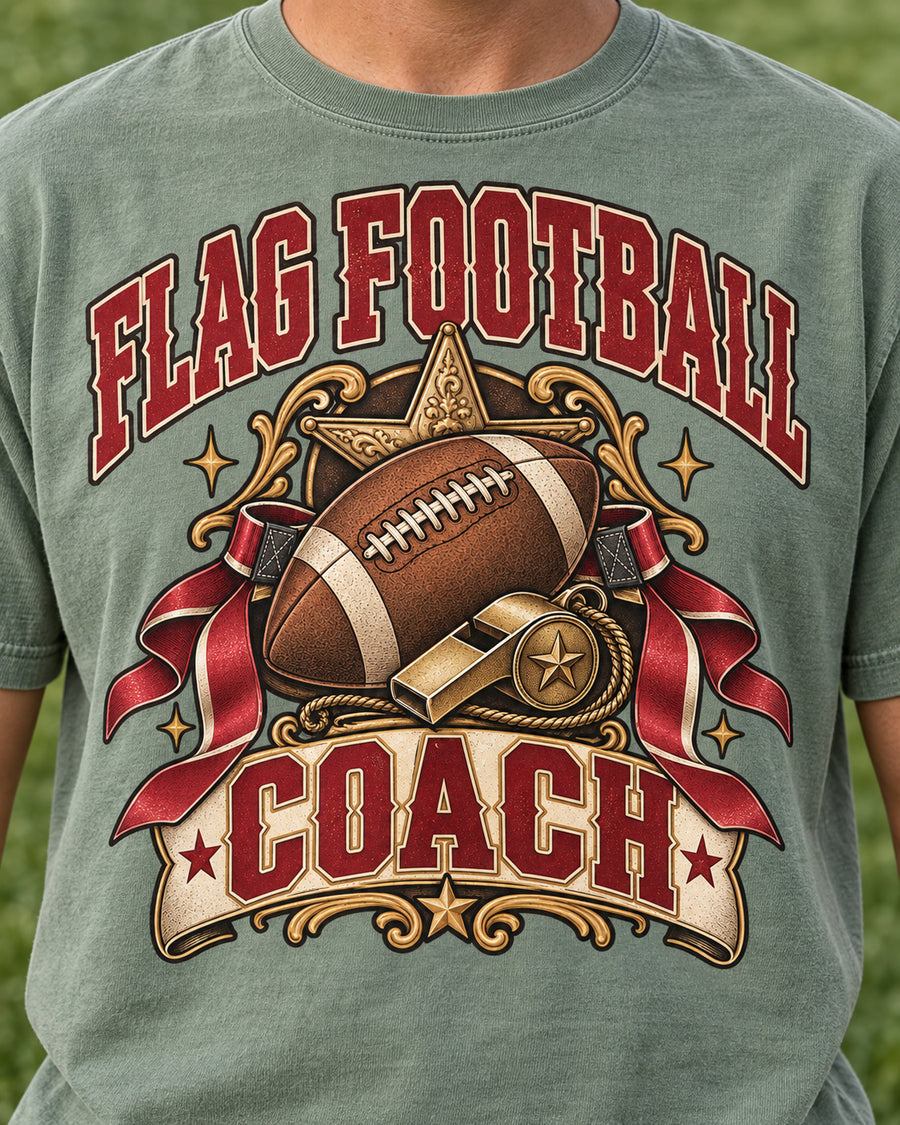 Flag Football Coach graphic print close-up on Comfort Colors shirt