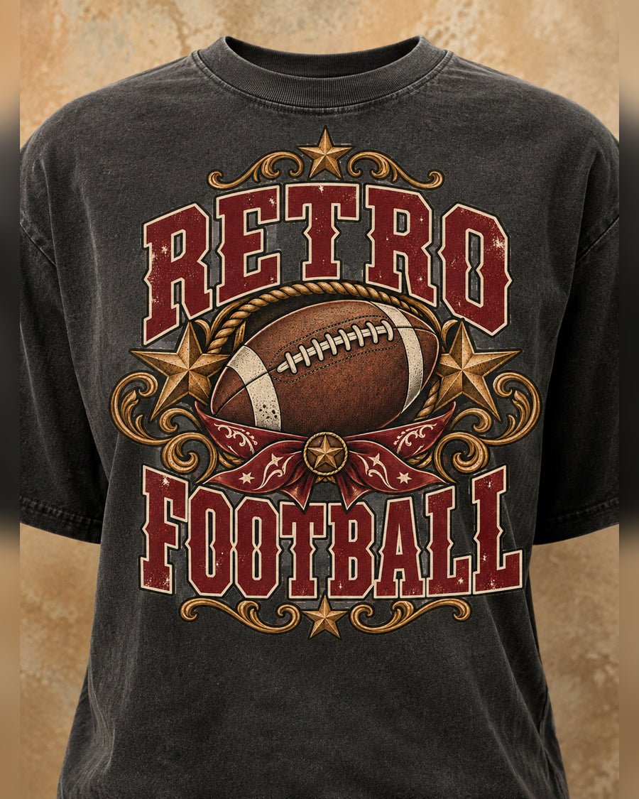 Retro Football graphic print close-up on Comfort Colors shirt