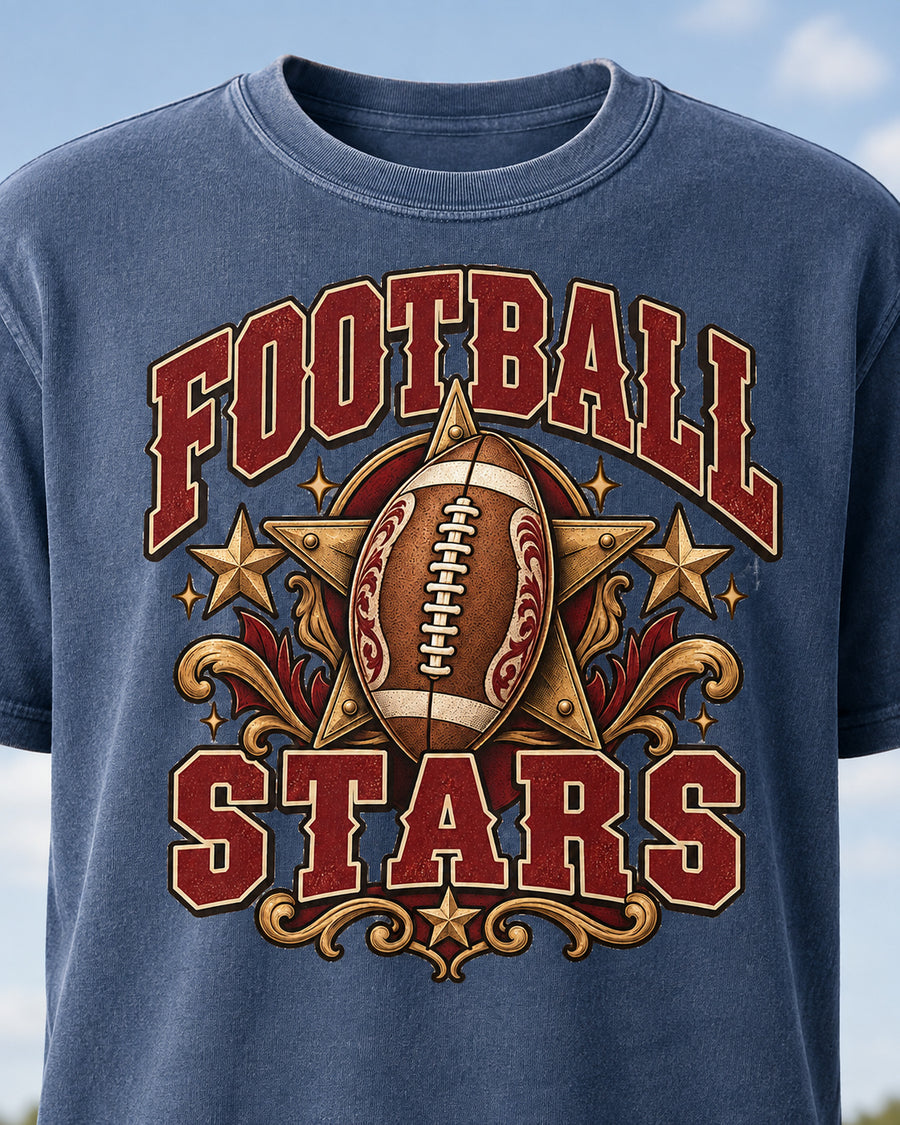 Football Stars graphic print close-up on Comfort Colors shirt