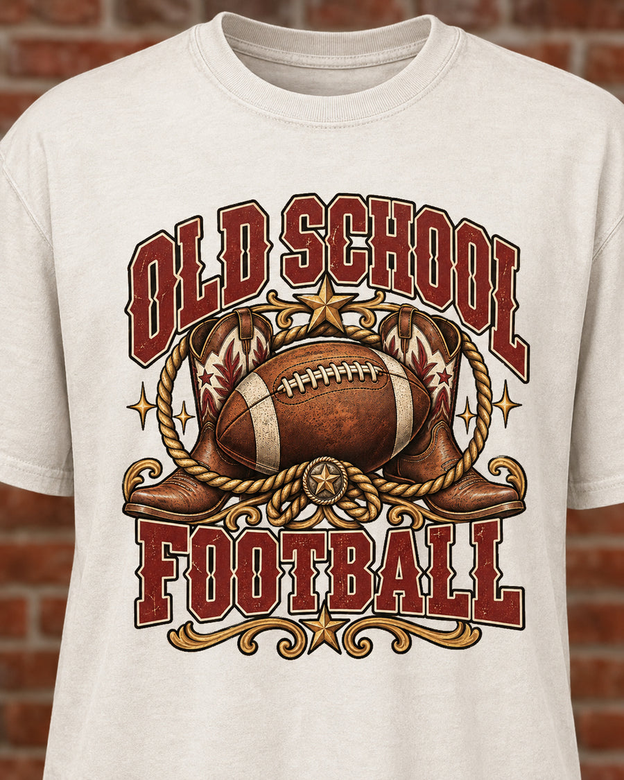 Old School Football graphic print close-up on Comfort Colors shirt