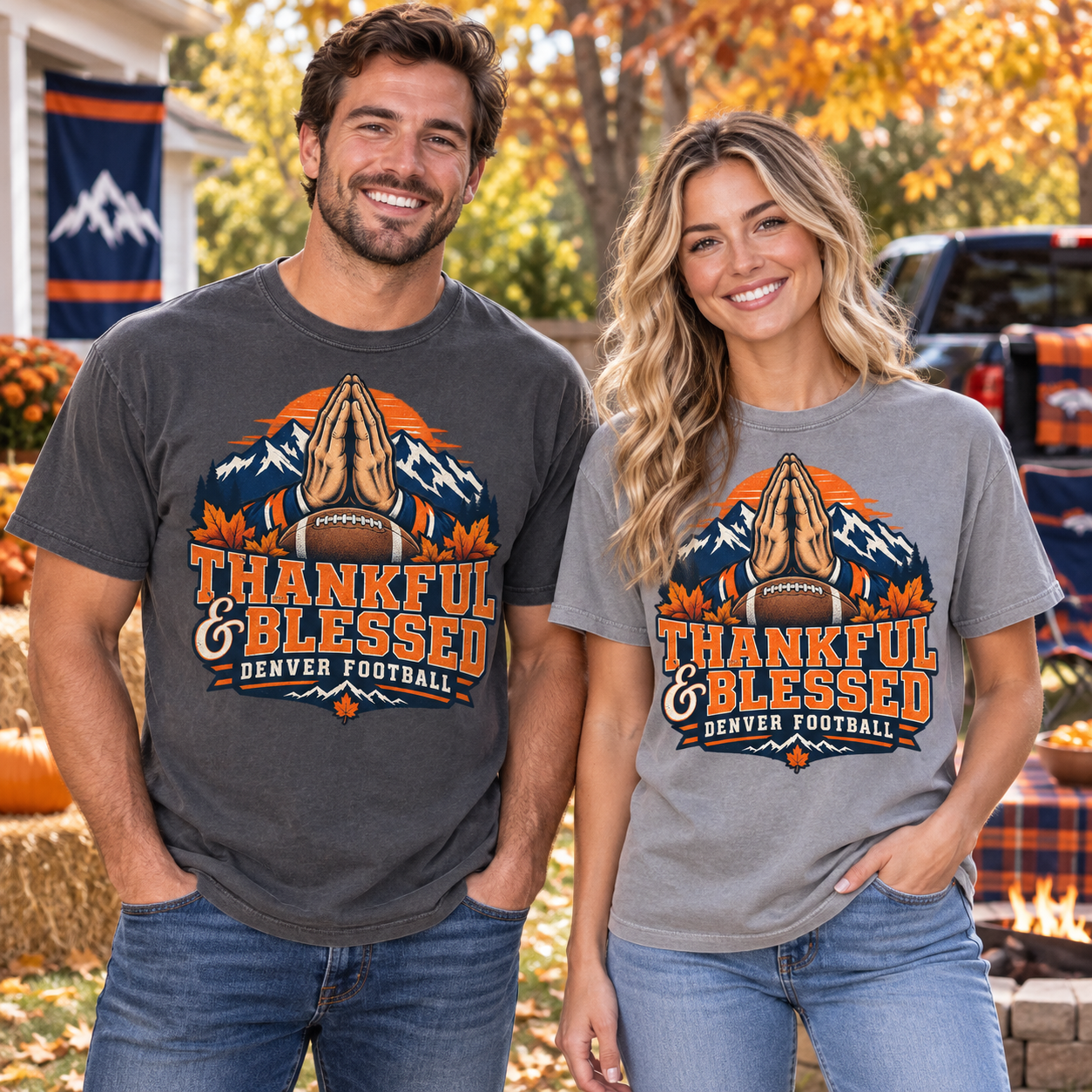 Thankful & Blessed Denver Thanksgiving football Comfort Colors 1717 T-shirt mockup 2