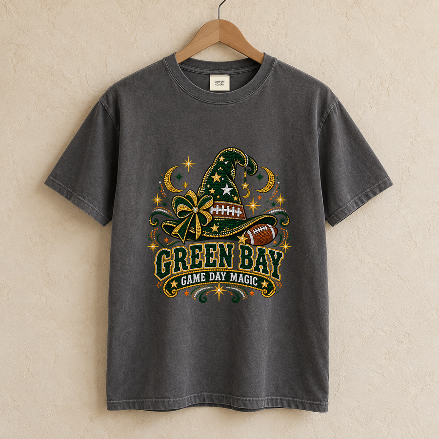 Green Bay Game Day Magic vintage Green Bay Comfort Colors football T-shirt mockup 1