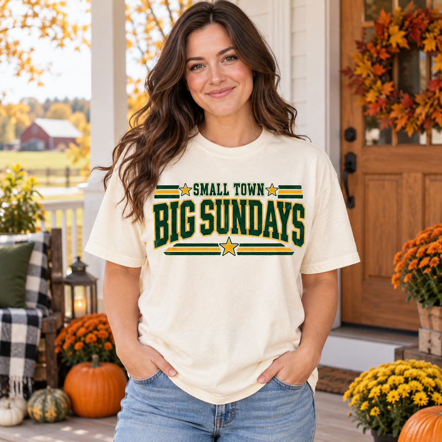 Small Town Big Sundays vintage Green Bay Comfort Colors football T-shirt mockup 1