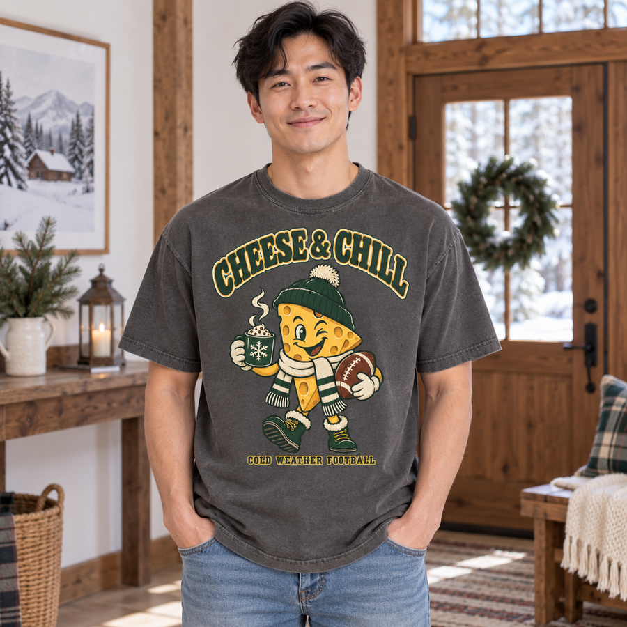Cheese and Chill vintage Green Bay Comfort Colors football T-shirt mockup 2