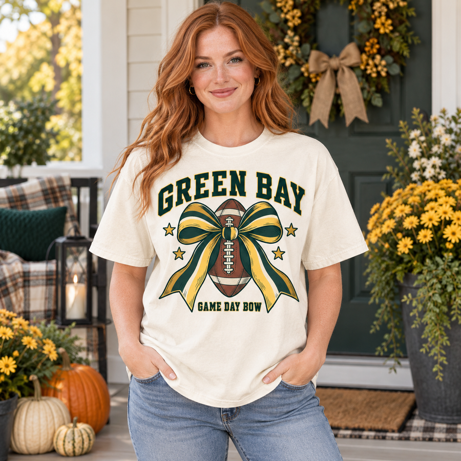 Game Day Bow vintage Green Bay Comfort Colors football T-shirt mockup 1
