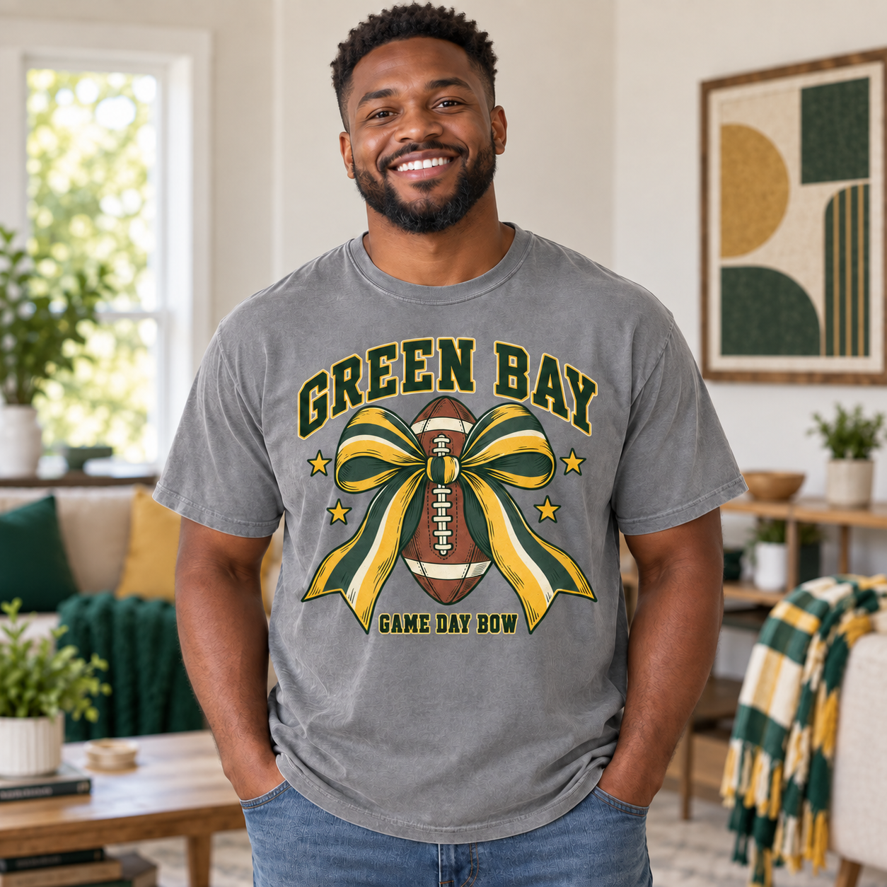 Game Day Bow vintage Green Bay Comfort Colors football T-shirt mockup 2
