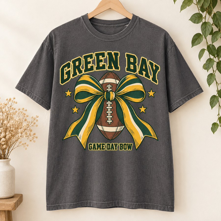 Game Day Bow vintage Green Bay Comfort Colors football T-shirt mockup 4