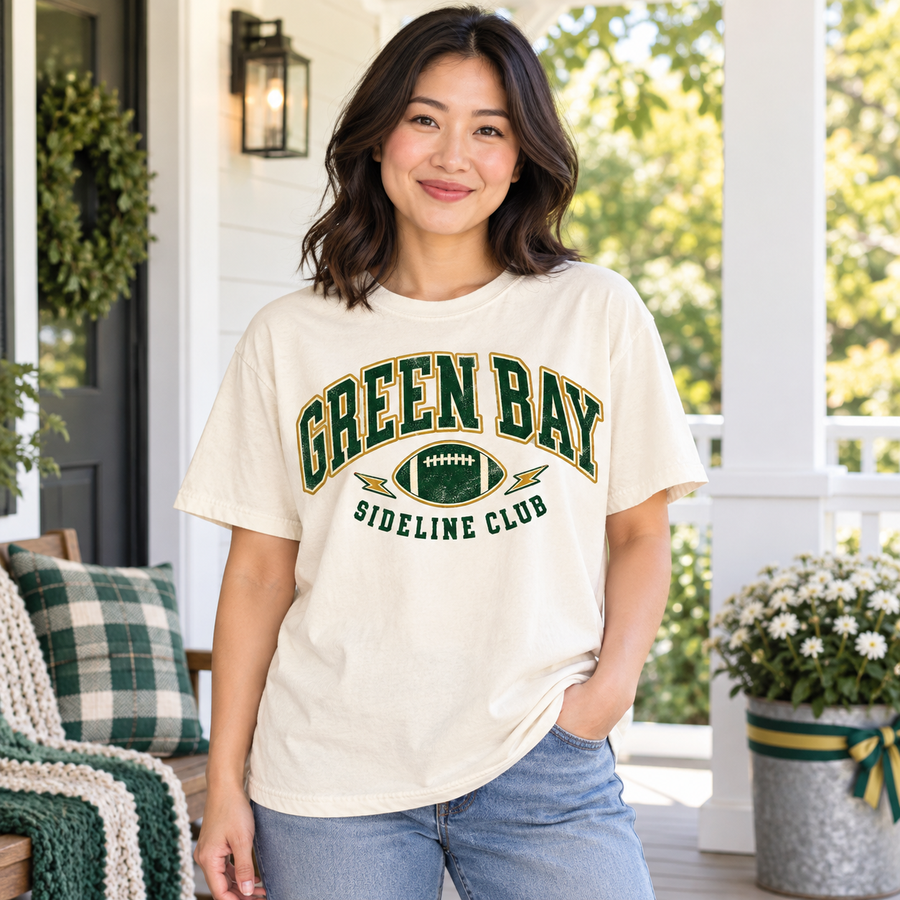 Green Bay Sideline Club vintage Comfort Colors football T-shirt mockup 1