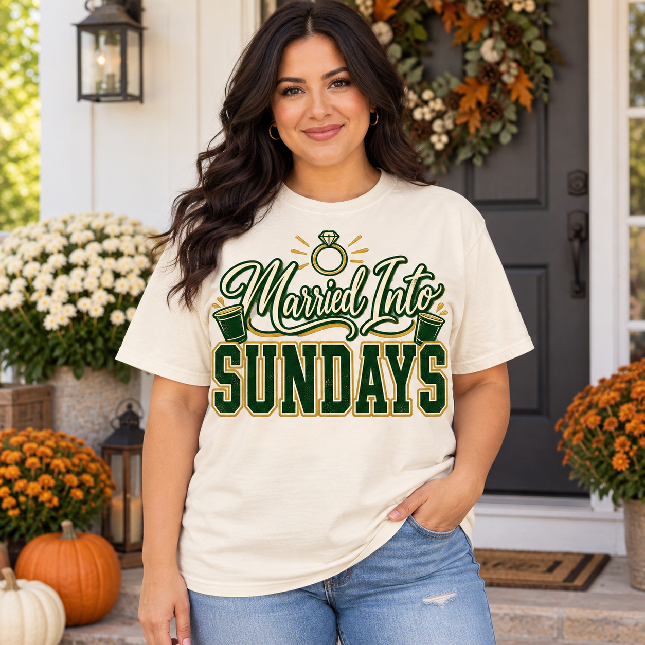 Married Into Sundays vintage Green Bay Comfort Colors football T-shirt mockup 1