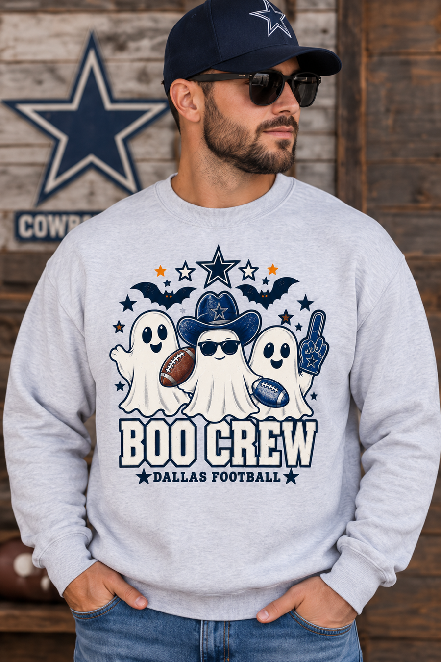 Boo Crew Dallas Football Ghosts Halloween sweatshirt male lifestyle mockup