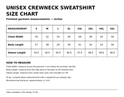 Unisex crewneck sweatshirt size chart S through 5XL with chest width body length and sleeve length