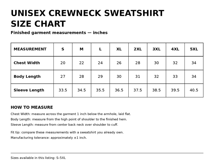 Unisex crewneck sweatshirt size chart S through 5XL with chest width body length and sleeve length
