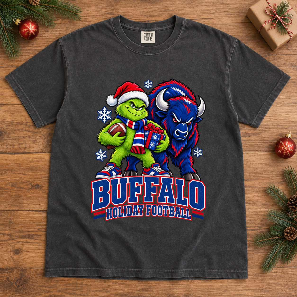 Grinch Buffalo Christmas Football – Comfort Colors Holiday T-Shirt mockup 2