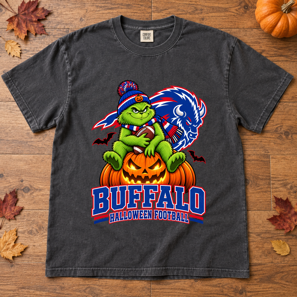 Grinch Buffalo Halloween Football – Comfort Colors T-Shirt mockup 2