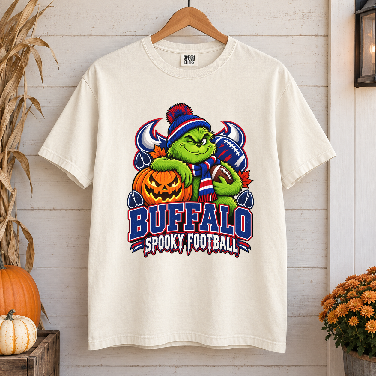 Grinch Buffalo Spooky Football – Comfort Colors Fall T-Shirt mockup 1