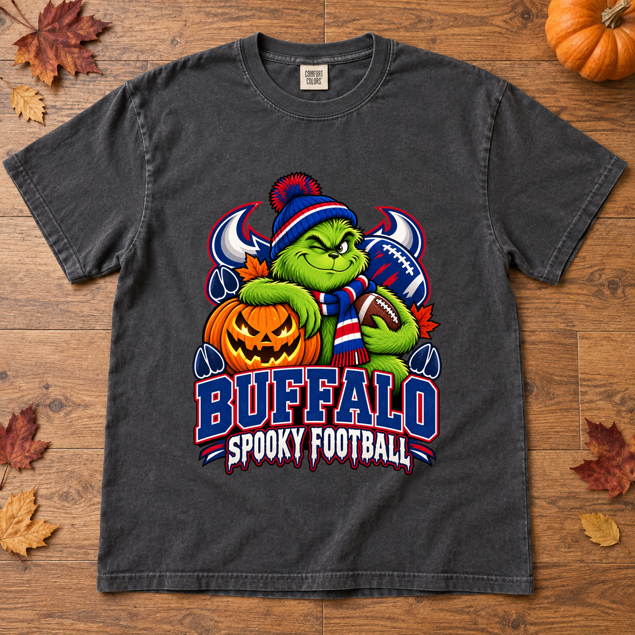 Grinch Buffalo Spooky Football – Comfort Colors Fall T-Shirt mockup 2