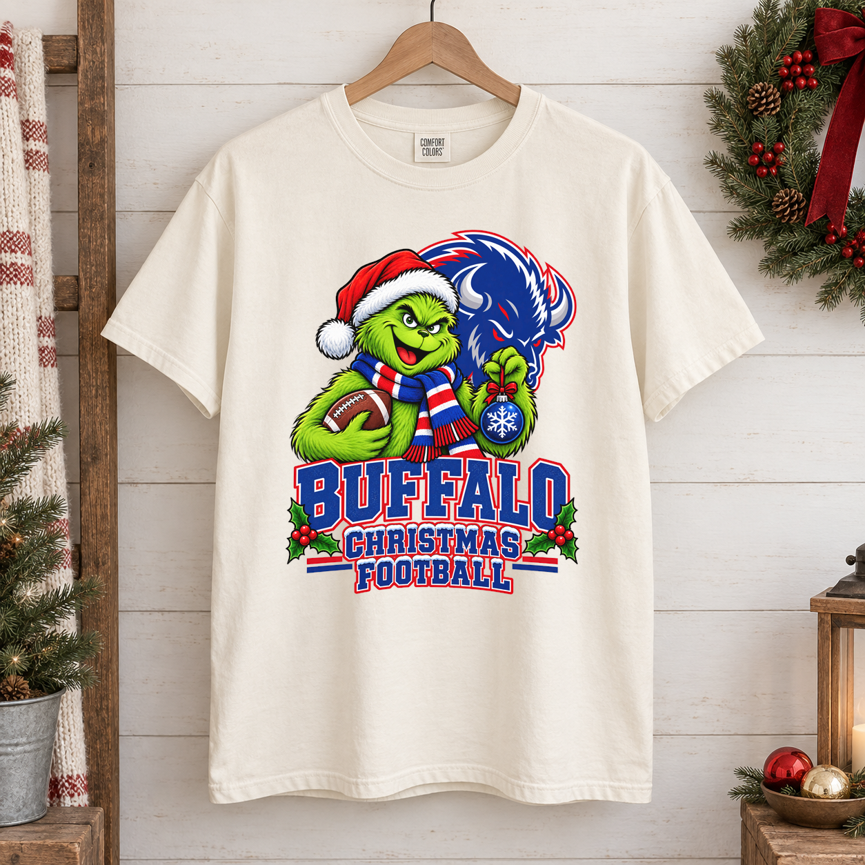 Grinch Buffalo Holiday Football – Comfort Colors Christmas T-Shirt mockup 1