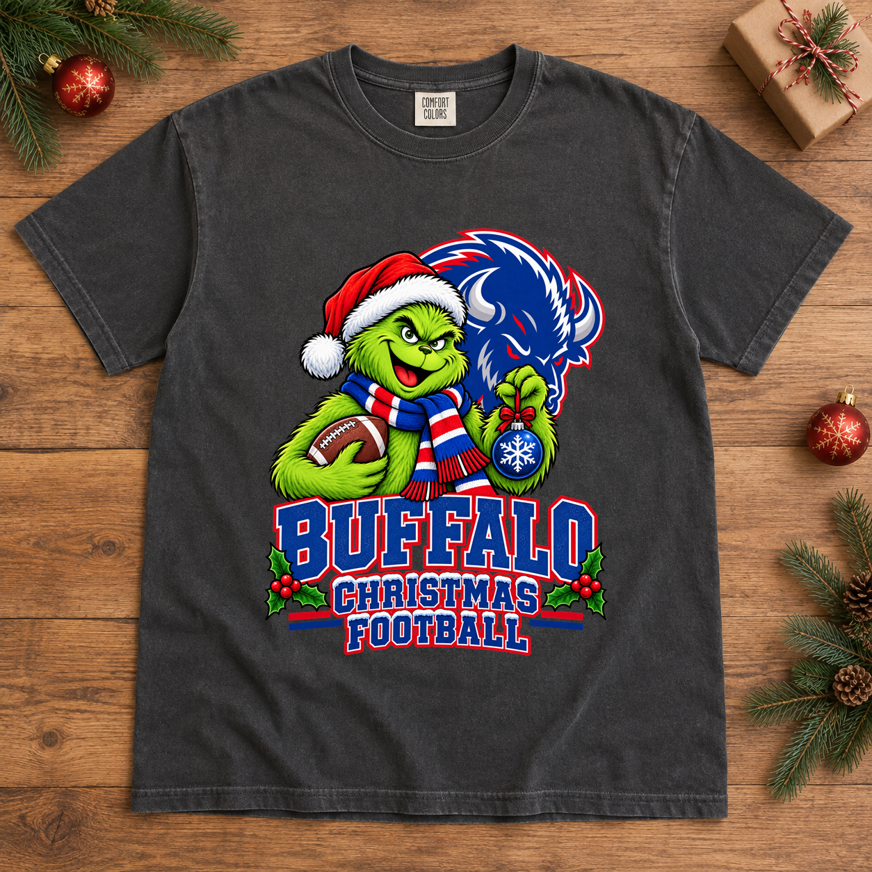 Grinch Buffalo Holiday Football – Comfort Colors Christmas T-Shirt mockup 2