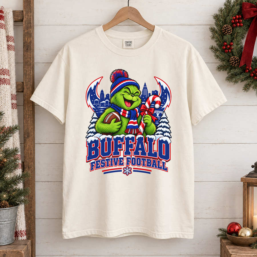 Grinch Buffalo Festive Football – Comfort Colors Christmas T-Shirt mockup 1