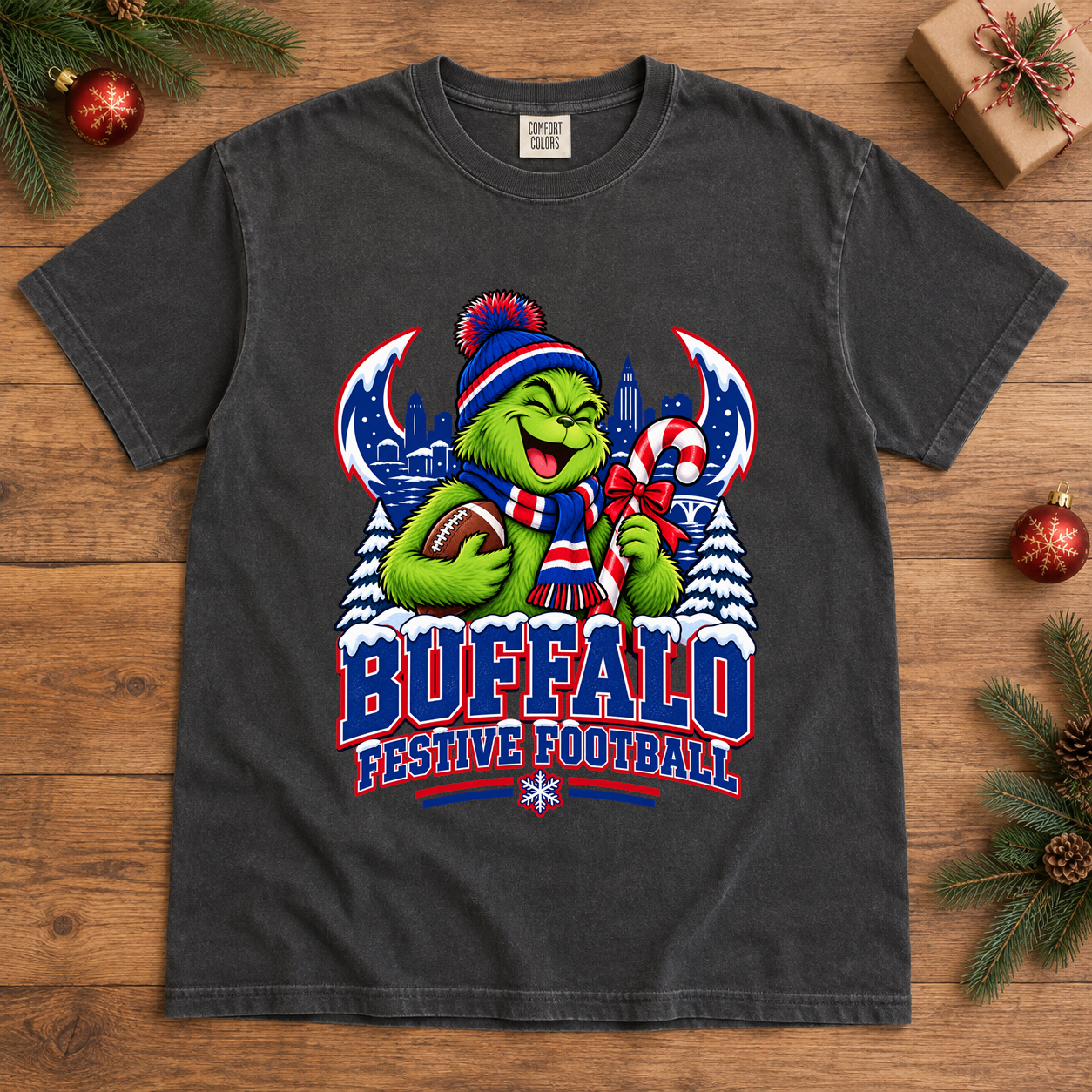 Grinch Buffalo Festive Football – Comfort Colors Christmas T-Shirt mockup 2