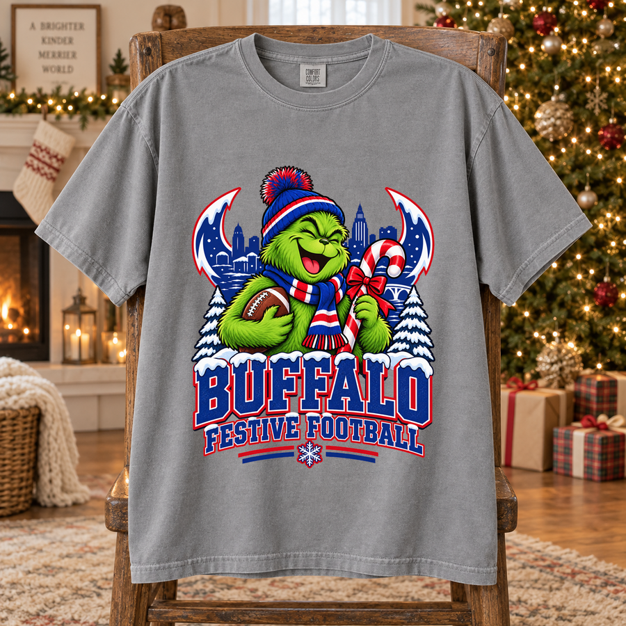 Grinch Buffalo Festive Football – Comfort Colors Christmas T-Shirt mockup 3