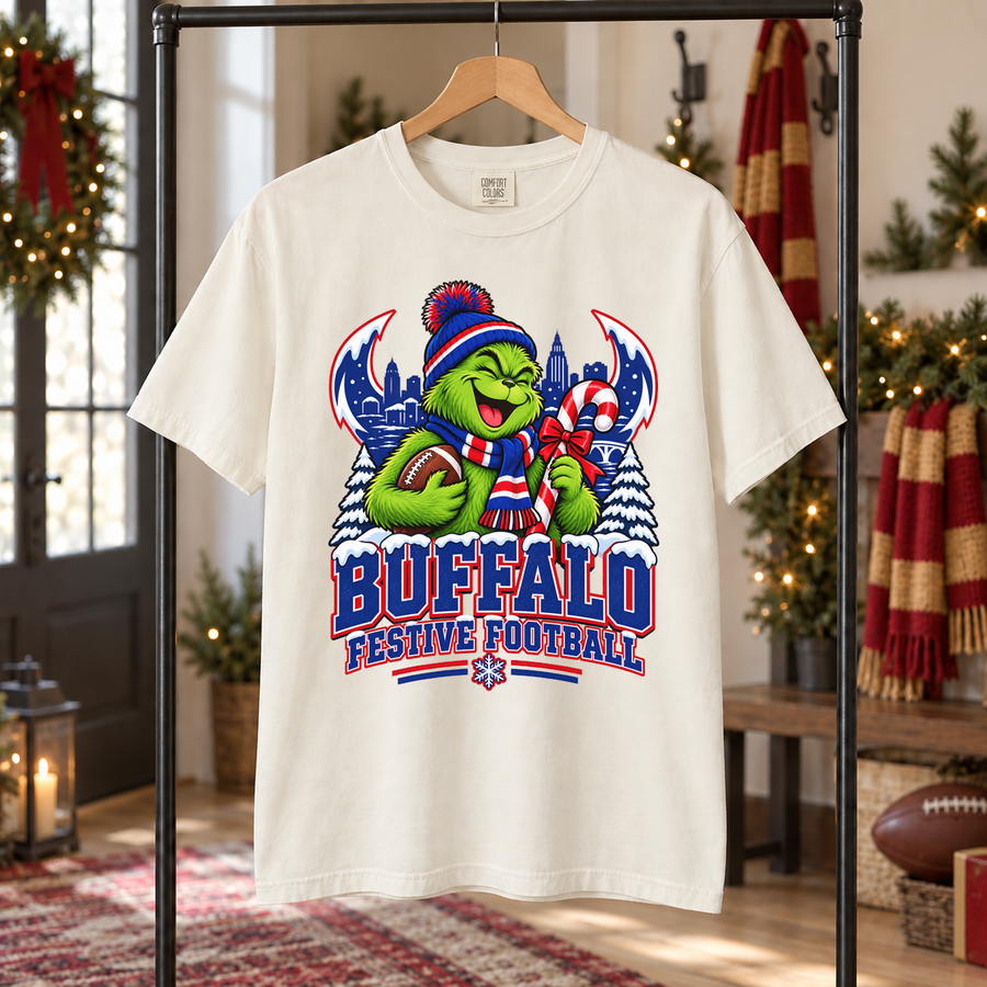 Grinch Buffalo Festive Football – Comfort Colors Christmas T-Shirt mockup 5