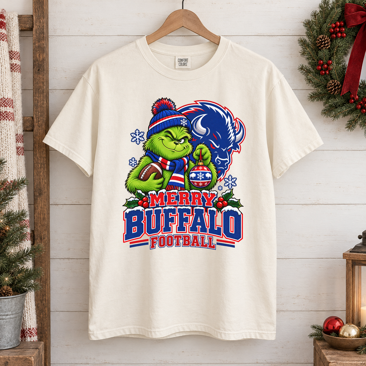 Grinch Merry Buffalo Football – Comfort Colors Christmas T-Shirt mockup 1