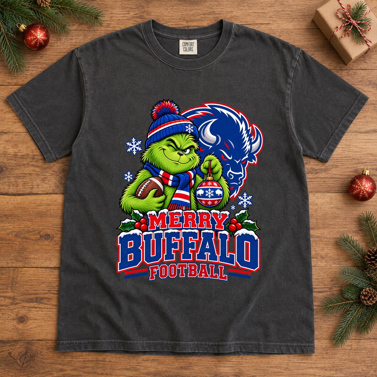 Grinch Merry Buffalo Football – Comfort Colors Christmas T-Shirt mockup 2