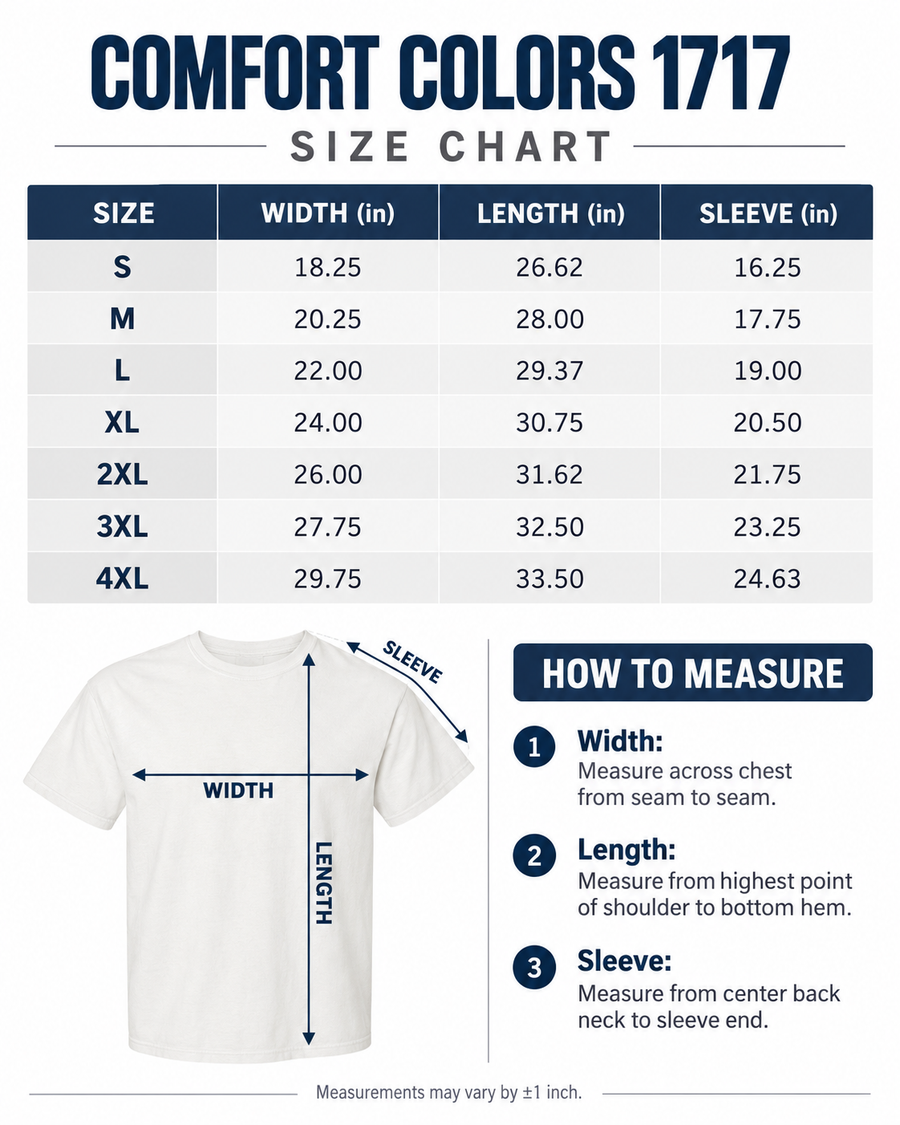 Comfort Colors 1717 unisex T-shirt size chart S through 4XL