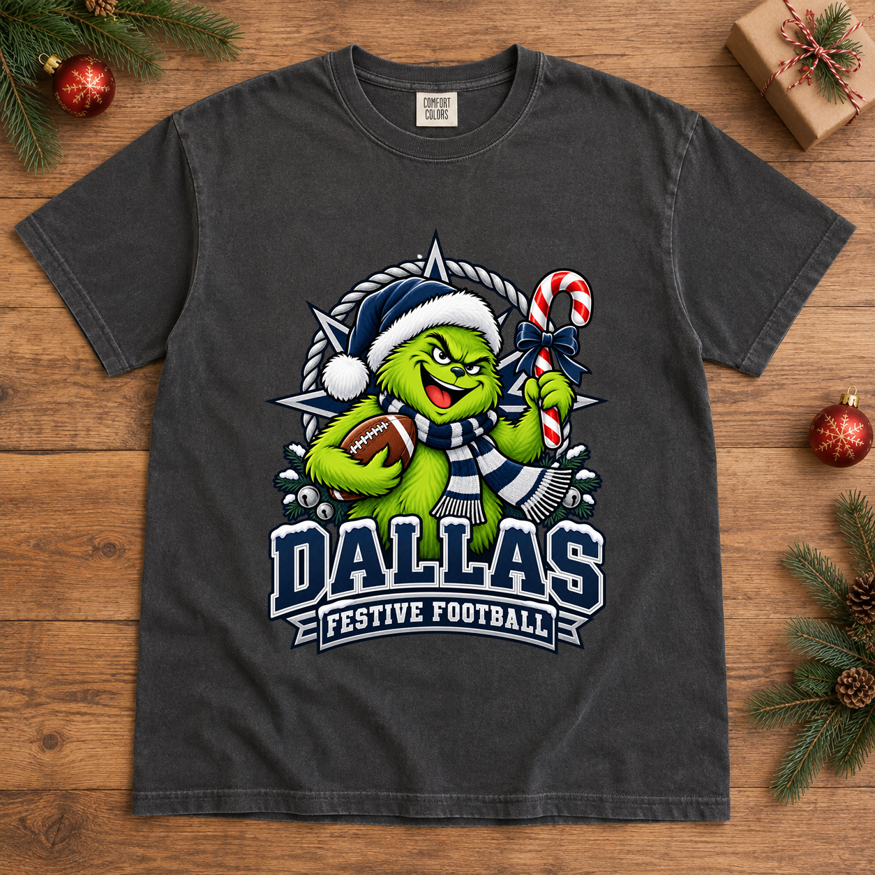 Grinch Dallas Festive Football – Comfort Colors Christmas T-Shirt mockup 2