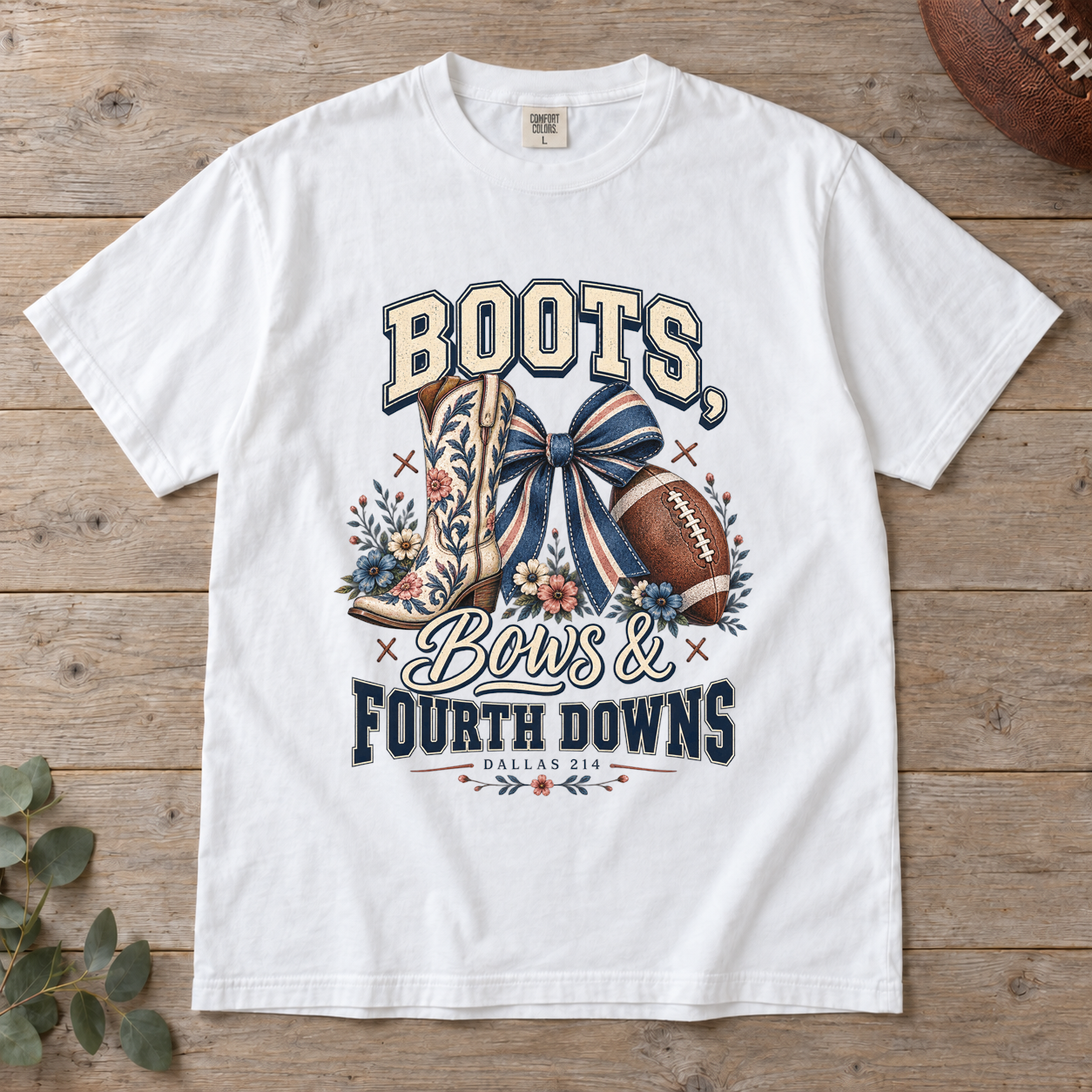 Boots Bows & Fourth Downs Comfort Colors Dallas football T-shirt mockup 2