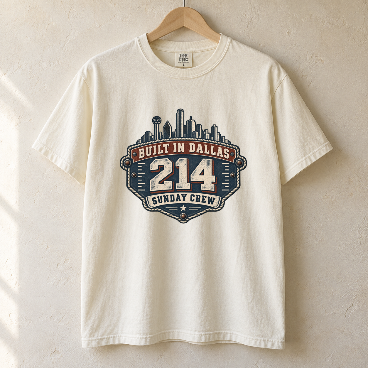 Built in Dallas 214 Sunday Crew Comfort Colors football T-shirt mockup 1