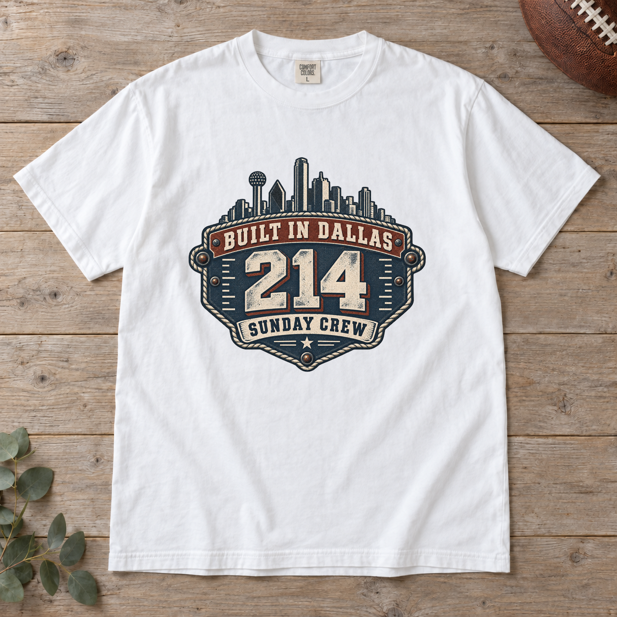 Built in Dallas 214 Sunday Crew Comfort Colors football T-shirt mockup 2