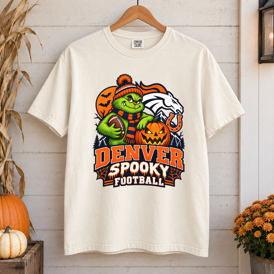 Grinch Denver Spooky Football – Comfort Colors Halloween T-Shirt mockup 1