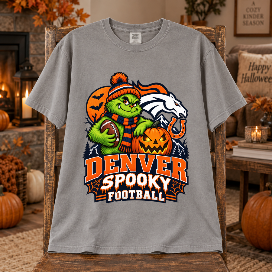 Grinch Denver Spooky Football – Comfort Colors Halloween T-Shirt mockup 3