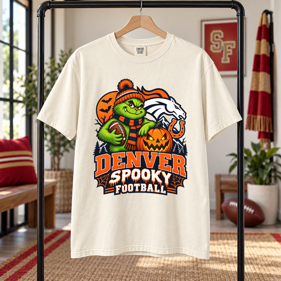 Grinch Denver Spooky Football – Comfort Colors Halloween T-Shirt mockup 5