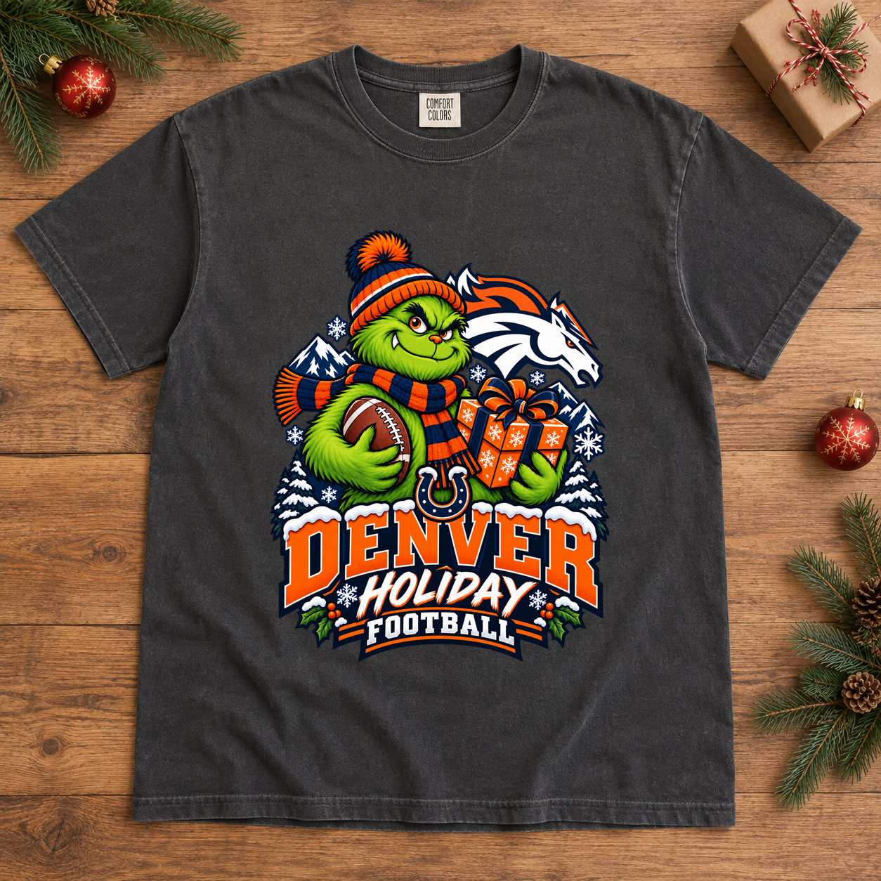Grinch Denver Holiday Football – Comfort Colors Christmas T-Shirt mockup 2