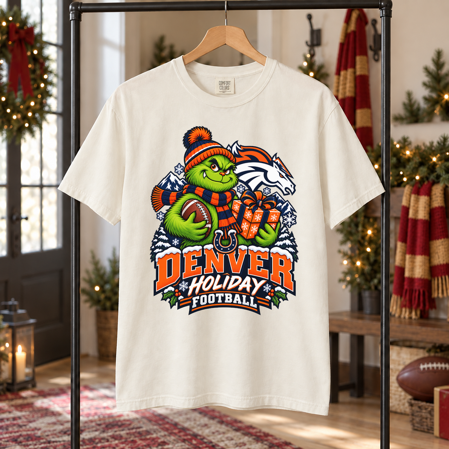 Grinch Denver Holiday Football – Comfort Colors Christmas T-Shirt mockup 5