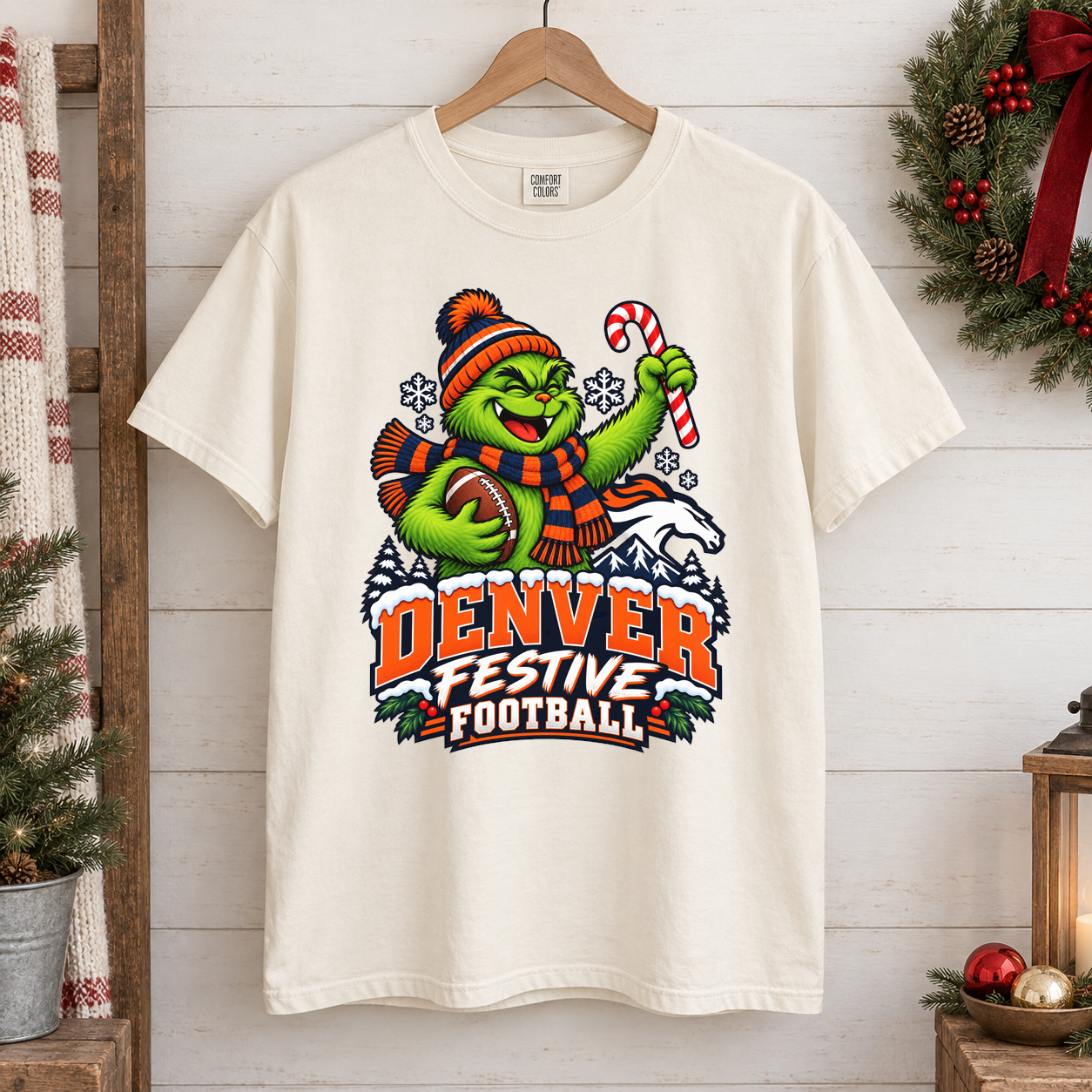 Grinch Denver Festive Football – Comfort Colors Christmas T-Shirt mockup 1