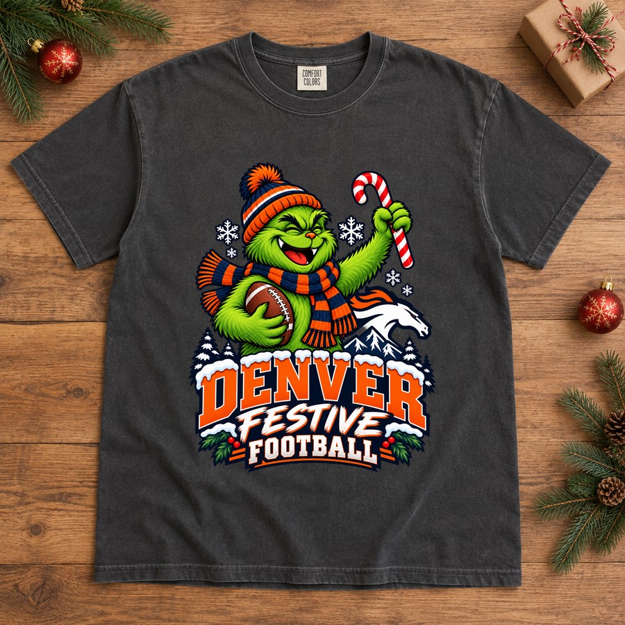 Grinch Denver Festive Football – Comfort Colors Christmas T-Shirt mockup 2