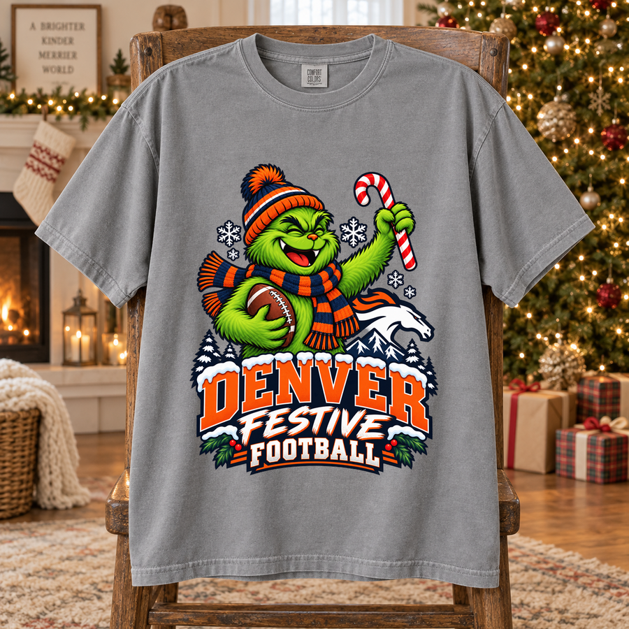 Grinch Denver Festive Football – Comfort Colors Christmas T-Shirt mockup 3
