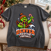 Grinch Denver Festive Football – Comfort Colors Christmas T-Shirt mockup 4