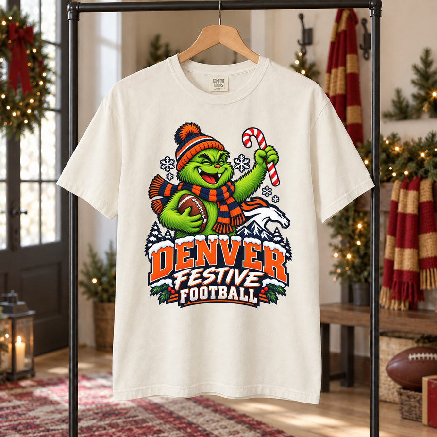 Grinch Denver Festive Football – Comfort Colors Christmas T-Shirt mockup 5
