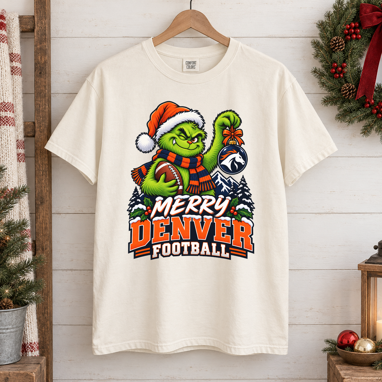 Grinch Merry Denver Football – Comfort Colors Christmas T-Shirt mockup 1